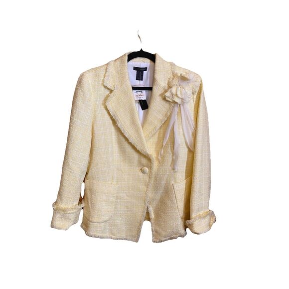 W.D.N.Y Women's Yellow White Tweed Fringed Blazer Jacket Size 10, MSRP $133 - Picture 1 of 14